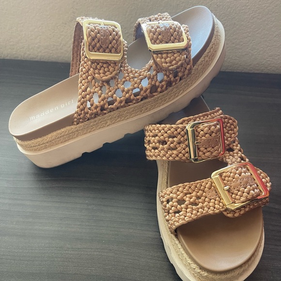 Madden Girl Shoes - Madden Girl Tan Braided Double-Buckle Platform Sandals with Gold Buckles